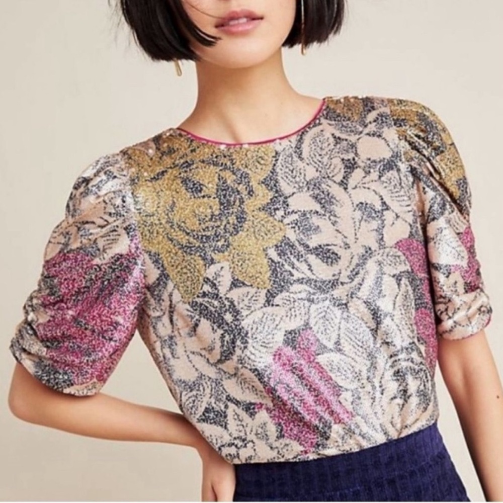 BY ANTHROPOLOGIE Marie Sequin Puff Sleeve Floral Blouse Magenta Sz 10 Like New